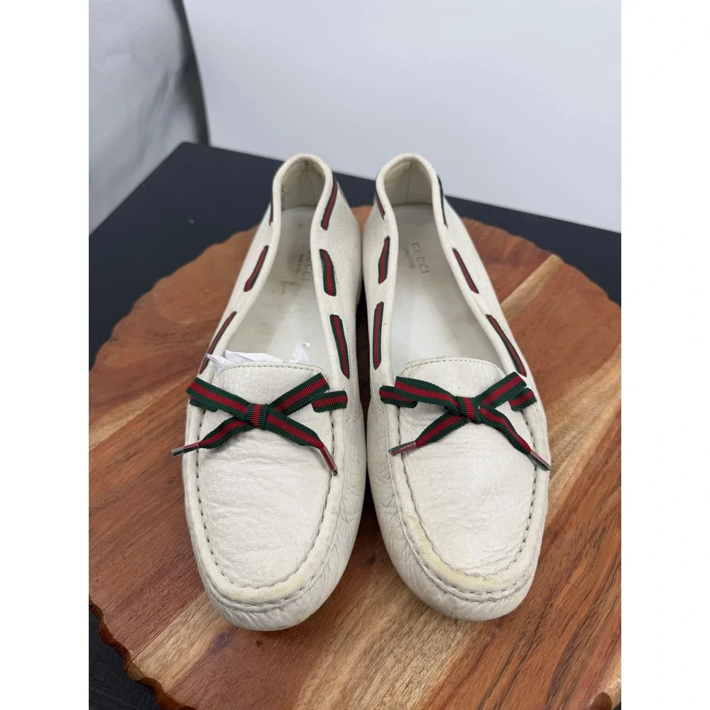 Gucci Driving Loafers men’s 9.5 White Leather Web Stripe Bow Slip On Shoes